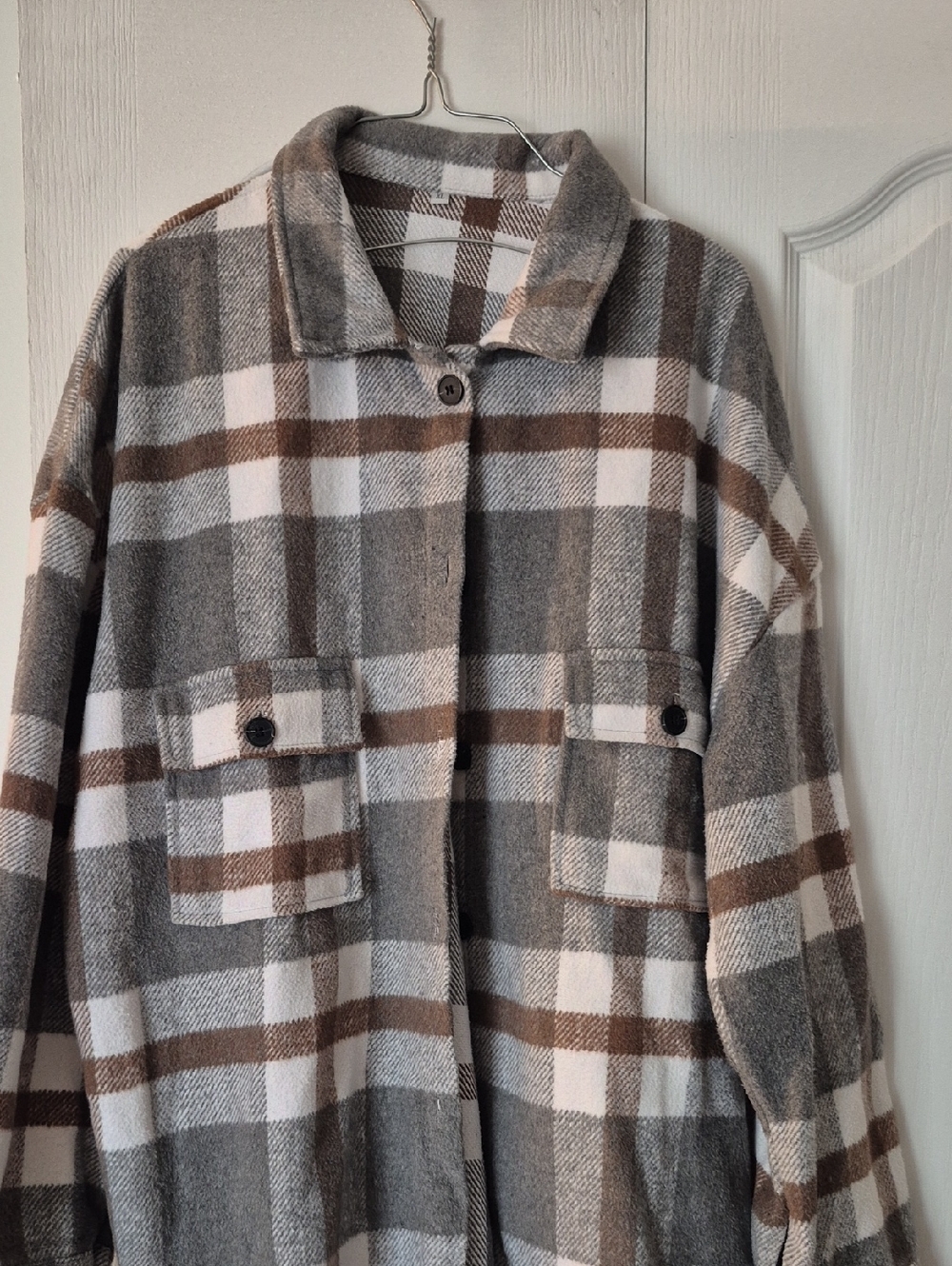 SHEIN Gray, Brown & Cream Plaid Utility Shacket